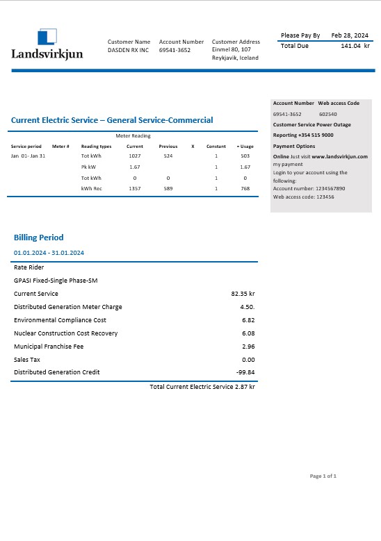 Iceland National Power Company of Iceland Landsvirkjun electricity business utility bill template in Word and PDF formats
